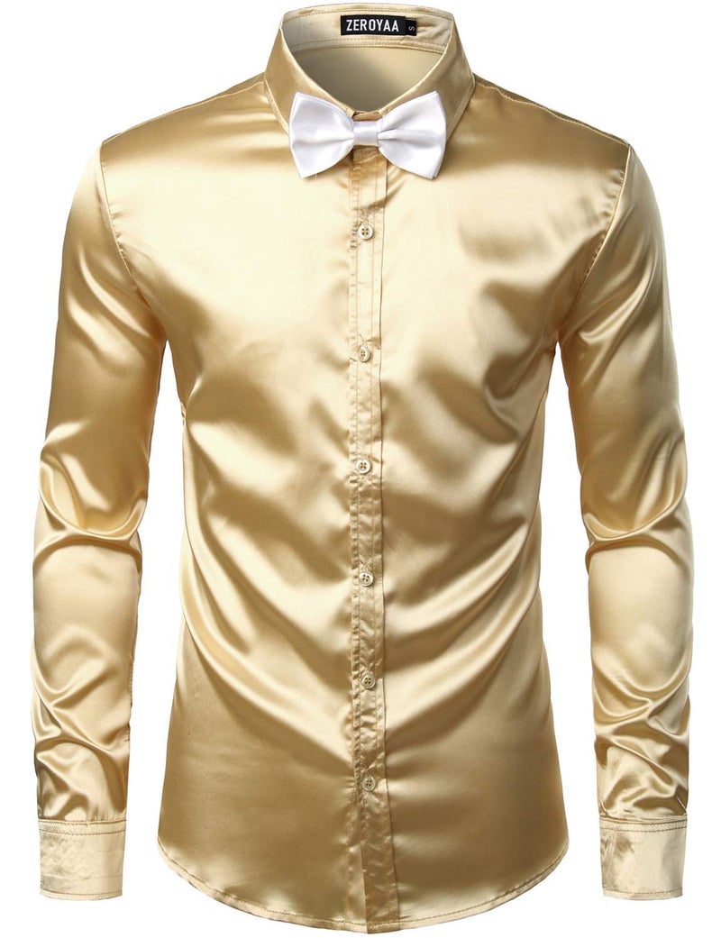 ZEROYAA Men's Luxury Shiny Silk Like Satin Button Up Dress Shirts ZLCL14-Champagne XX-Large - Image 1